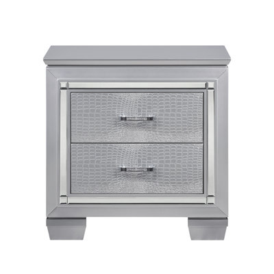 Glamourous Silver Finish 1Pc Nightstand 2X Dovetail Drawers Faux Alligator Embossed Fronts Bedroom Furniture
