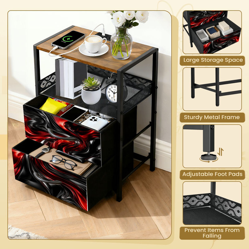 2 Fabric Drawers Night Stand with Charging Station Black Red Abstract Fluid Swirl Design Glossy Bedroom Bedside Table End Table with Open Shelf USB Ports and Outlets