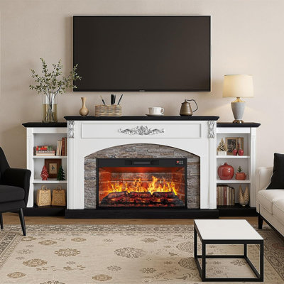 80"W Electric Fireplace Tv Stand With Mantel , Media Storage For Living Room