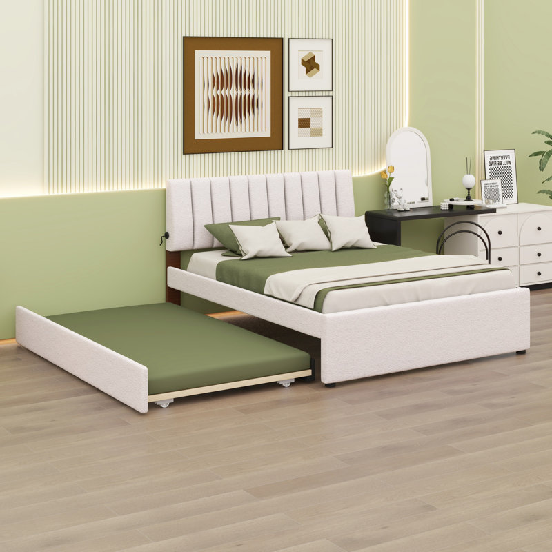 Lit plateforme tapissier avec lit gigogne, Beige