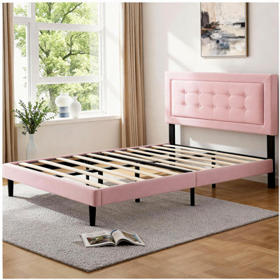 Structure de lit double tapissier pleine grandeur avec support en lattes de bois, rose