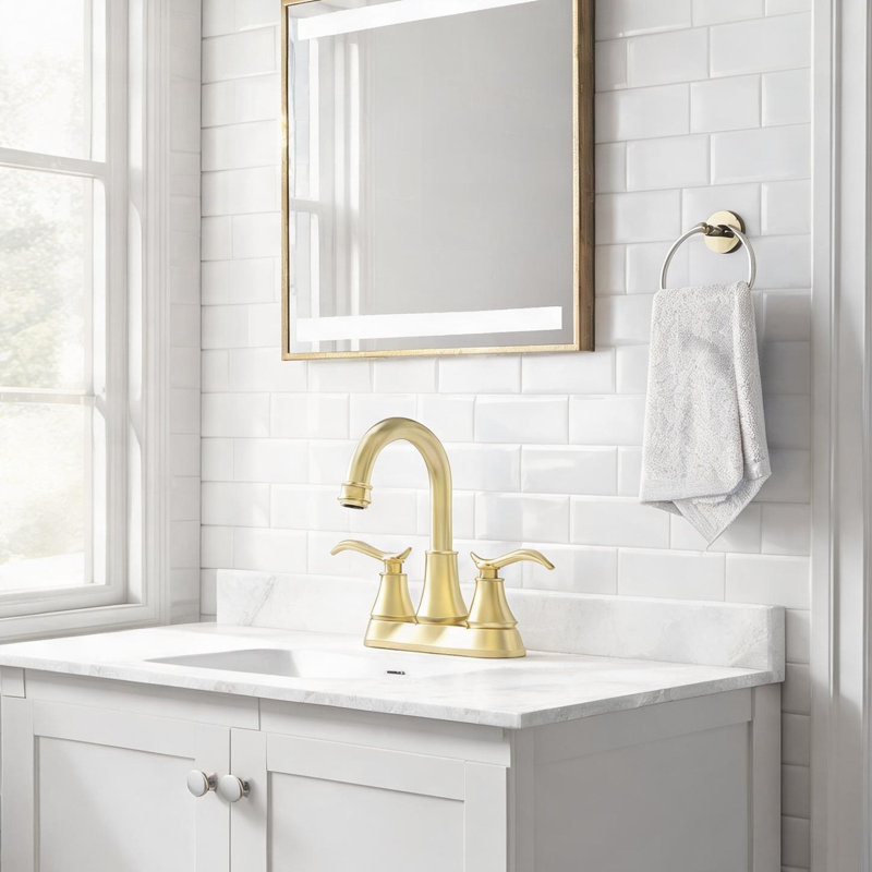 Luminaire de salle de bain 360 degrés High-Arc en or brossé avec double levier, ensemble central 4 po, bonde escamotable