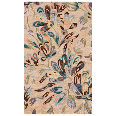 Tapis floral mauve / beige en laine / coton touffeté à la main Karetha