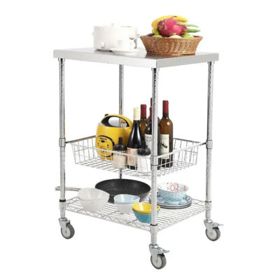 Three-Story Stainless Steel Kitchen Trolley, 470 Lbs. Capacity, With Brake Wheel And Basket, 24X 20X 36.6 Inches, For Indoor And Outdoor Use.
