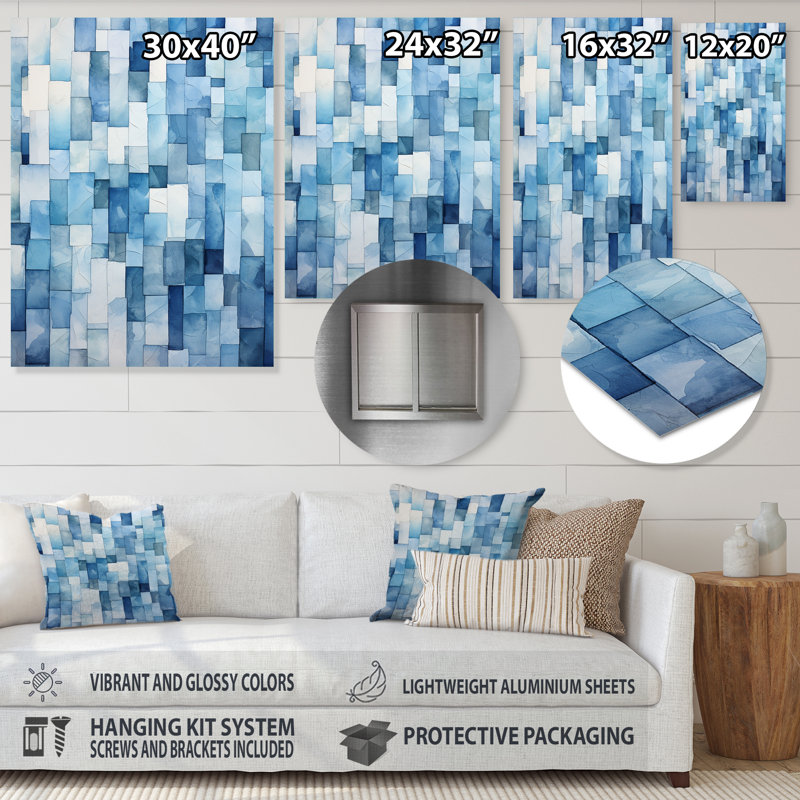 White And Blue Scandinavian Tiles VI - Abstract Tile Metal Wall Art, 20" H x 12" W x 1" D