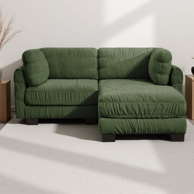Canapé d'angle modulaire 2 places en chenille à détails froncés, pouf amovible, mousse haute densité, coussins de dossier épais en forme de L, montage facile, pour salon et chambre.