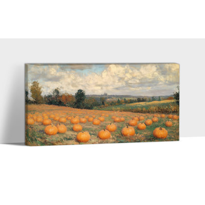 Fall Canvas Wall Art - Pumpkin Field Autumn Pictures Wall Decor, Vintage Farmhouse Fall Painting for Living Room, Thanksgiving Artwork Prints Pine Frame Wrapped Canvas, 16×32 inches