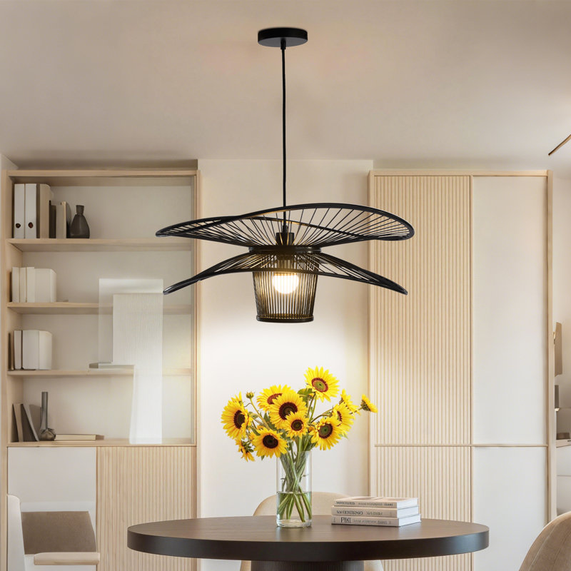 Wing-shaped Durable Handwoven Bamboo Pendant Light, Matte Black