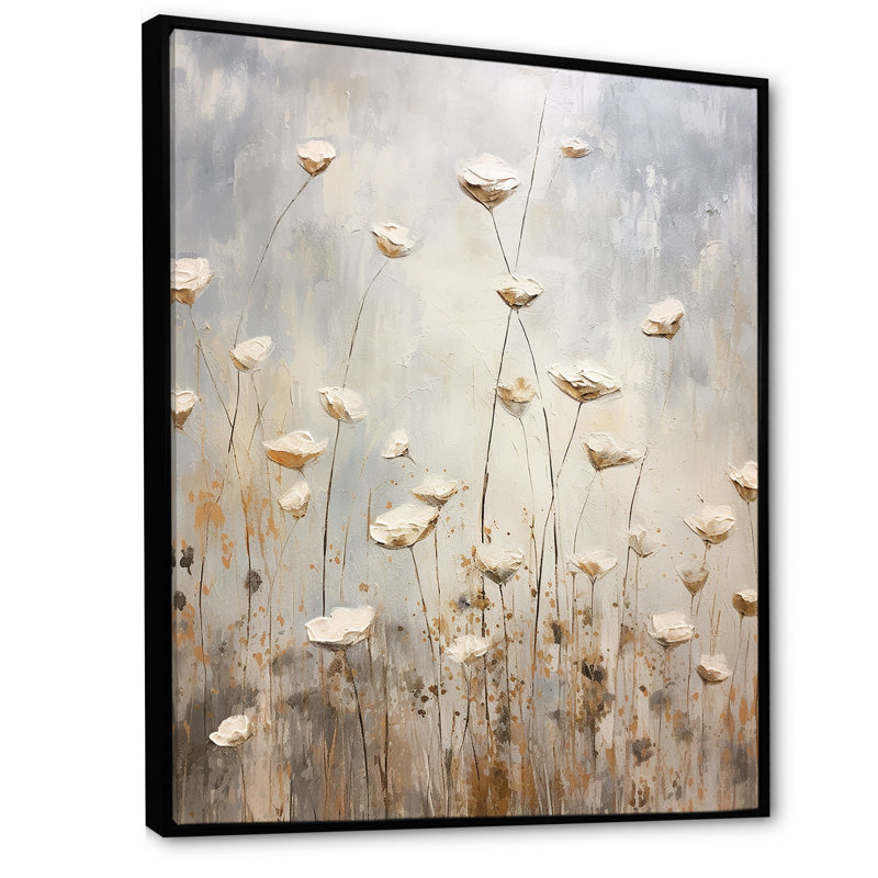 «Beige Wildflowers Garden Whispers IV», reproduction sur toile, Cadre flottant noir, H 32 po x l 24 po x P 1 po