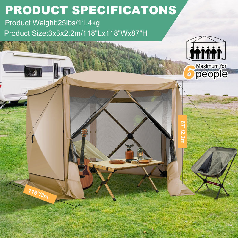 10x10ft Camping Gazebo Screen Tent, 5 Sided Pop-up Canopy Shelter with Mesh Windows, Khaki