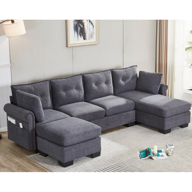 U Shaped Sectional Couches, Modular Sectional Sofa With Ottoman, Gray Polyester