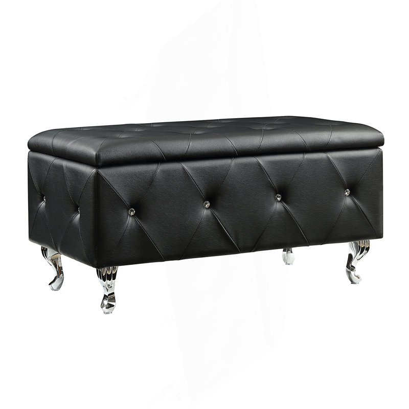 Tufted Bonded Leather Storage Bench with Crystal Decor, Upholstered Bedroom Bench Ottoman with Hidden Storage