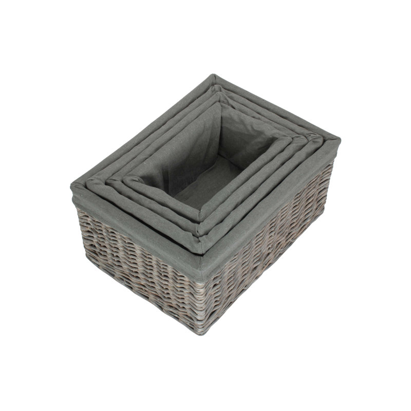 4 Piece Wicker Willow Storage Basket Set with Lining, Grey Wash/Grey Sage Lining