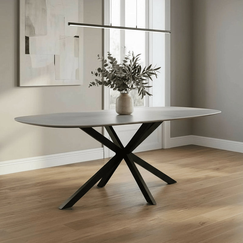 Gemala Modern Grey Dining Table with Black Crossed Metal Legs, 76cm H x 160cm W x 90cm D