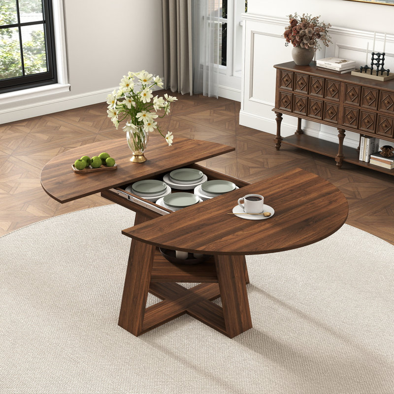 Table de salle à manger extensible ronde de 43 po avec compartiment de rangement caché, table de ferme moderne de style Mid-Century pour salle à manger