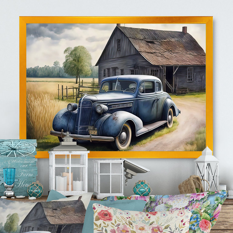 «Old Blue Car at the Barn», reproduction sur toile, H 16 po x l 32 po x P 1 po, Toile tendue