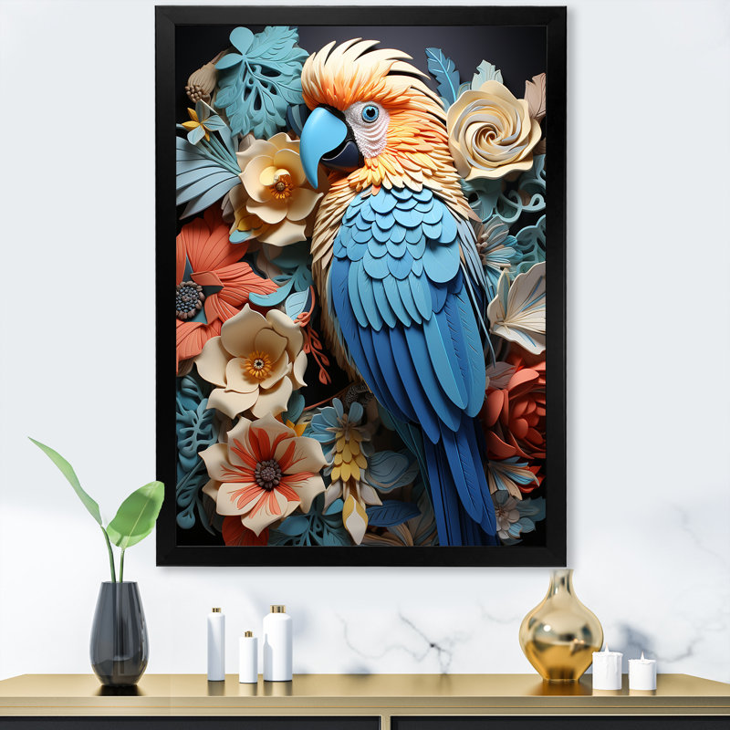 Perroquet jaune et bleu paradis II, Cadre simple noir, H 44 po x l 34 po x P 1,5 po