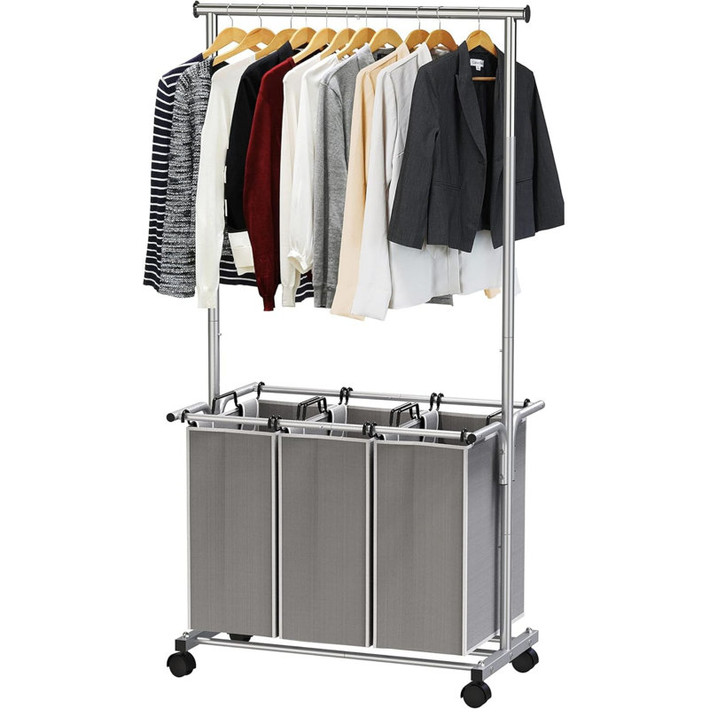 Trieur de linge 3 sacs avec tringle à vêtements extensible