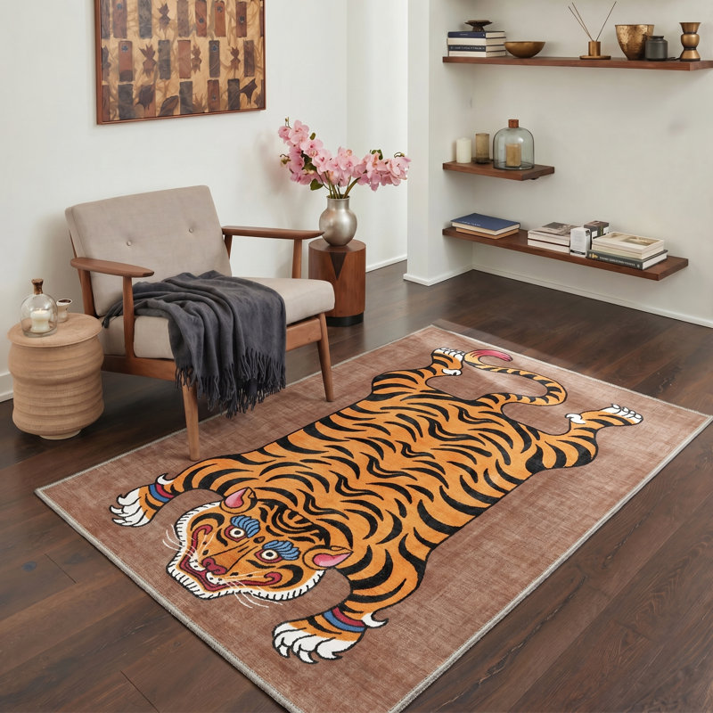 Tapis d'intérieur brun / orange / noir lavable à la machine avec envers antidérapant Tigris, Rectangle 9 pi x 12 pi