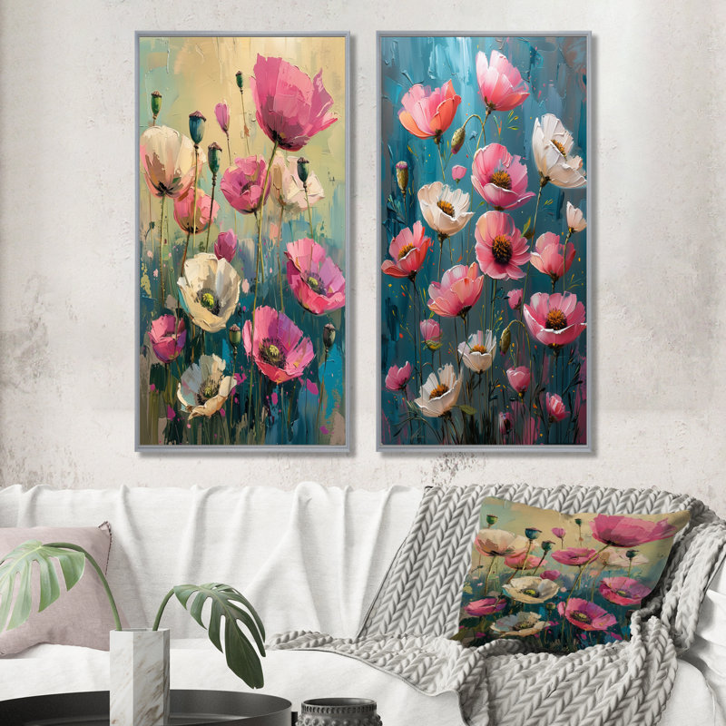 Ensemble de 2 pièces coquelicots roses et blanches, H 28 po x l 24 po, Impression encadrée, Argent