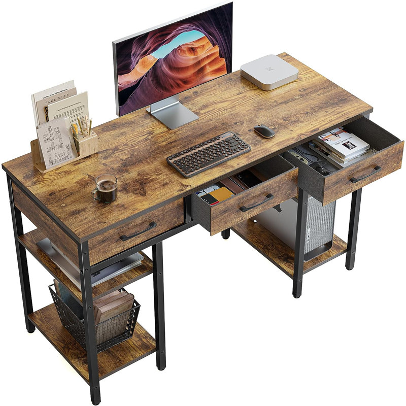 Orrum L-Shaped Metal Base Computer Desk, 29.5" H x 47" W x 18.9" D, Brown/Black
