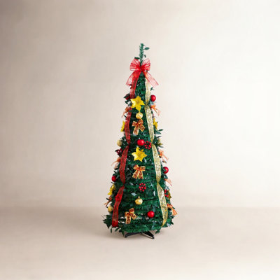 5Ft. Pre-Lit Artificial Pop Up Christmas Tree With Red & Gold Ornaments, Ribbons And 100 Warm White LED Lights