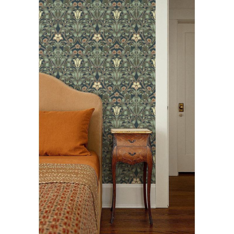 Ribbon Lily - Wallpaper, Oxford Blue, Faux Grasscloth, Non-Pasted