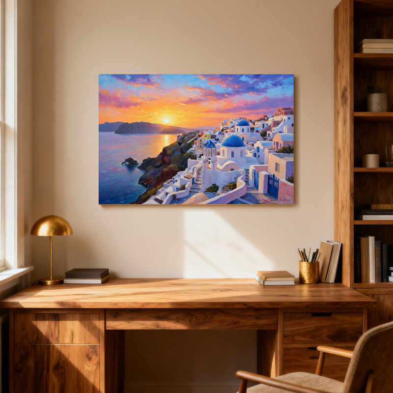 Paysage et nature, coucher de soleil sur un village blanc avec dômes bleus, H 12 po x l 18 po