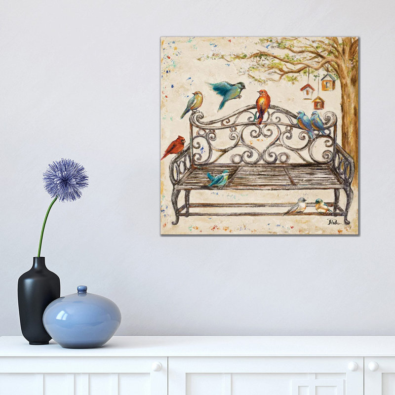 «Birds on the Bench» par Patricia Pinto - reproduction, H 18 po x l 18 po x 1,5 po, Toile tendue, Pas de tapis