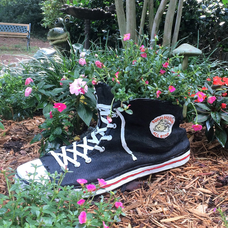 Toad Hollow High Top Sneaker Shoe Frog Garden Statue, Black, 7.5" H x 6.75" W x 14" D