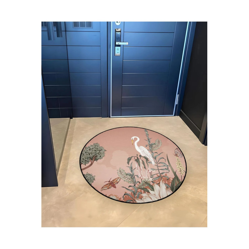 Powder Theme Stork And Flower Patterned Round Woven Base Modern Decorative Carpet, Round 3'4"