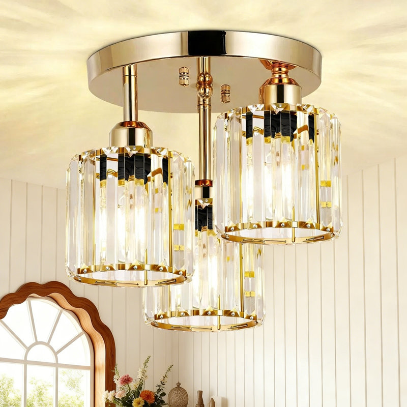 Modern Crystal Ceiling Light Fixtures, 3 - Light Semi Flush Mount Ceiling Light With Clear Crystal Shade, Gold