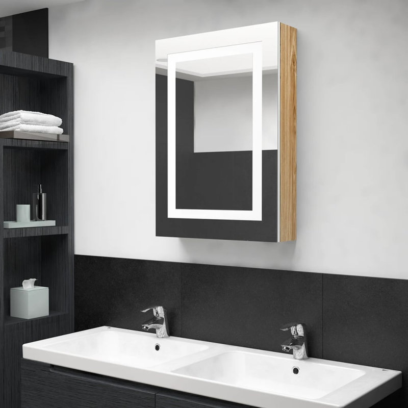 Barfuss 500mm W 700mm H Surface Frameless Medicine Cabinet with Mirror and Fixed Shelves, White/Oak