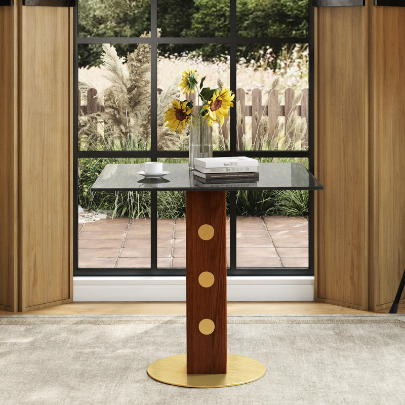 Table carrée moderne en verre trempé 33,5 po avec pieds en bois et base dorée pour 2 personnes dans les petites cuisines