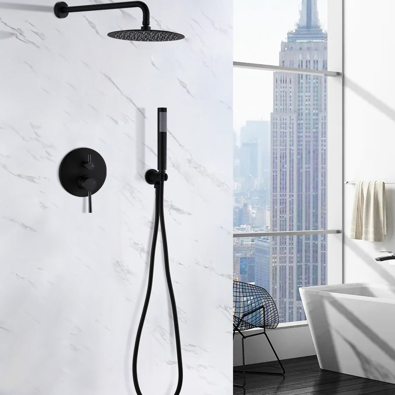 Douche murale avec pomme de pluie de 10 po et poche - noir mat. Valve d'équilibrage, support réglable, joint rotatif 360 °, corrosion. Débit de 1,8 gallon par minute, type double, tuyau américain compatible noir et noir