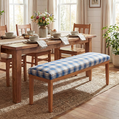 Banc de salle à manger rembourré avec pieds en bois massif pour table de salle à manger, siège en lin vichy bleu l 52,8 po
