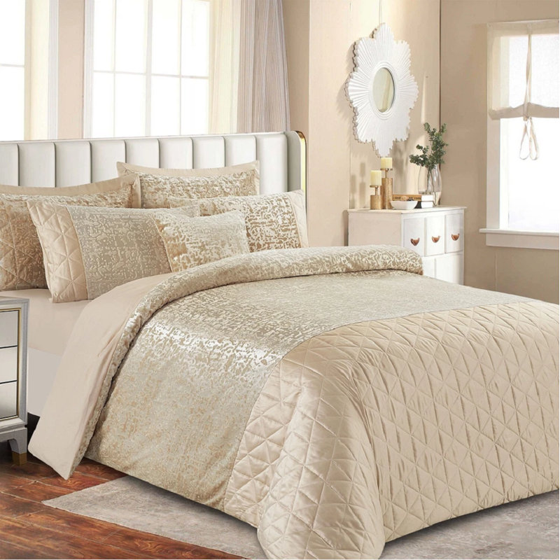 Velvet Geometric Duvet Cover with Pillowcases, Double Duvet Cover + 2 Standard Pillowcases, Beige