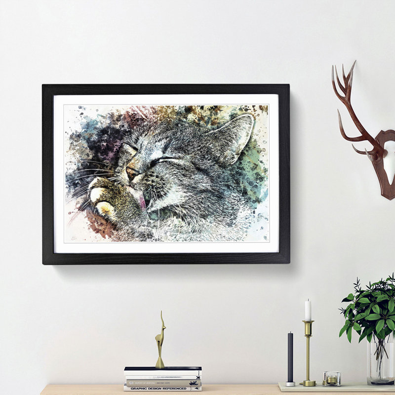 Cat Licking its Paw in Abstract - Picture Frame Graphic Art Print, Black Framed, 27cm H x 36cm W x 2cm D