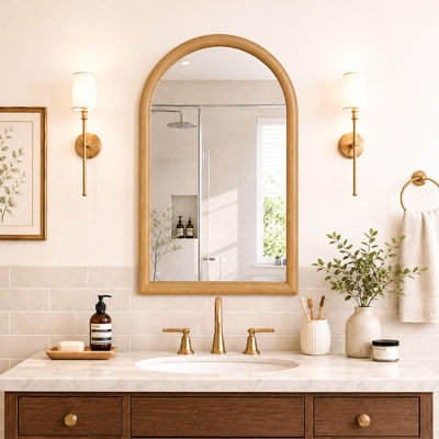 Miroir mural arqué 24 x 36 pouces en bois massif avec cadre pour salle de bain