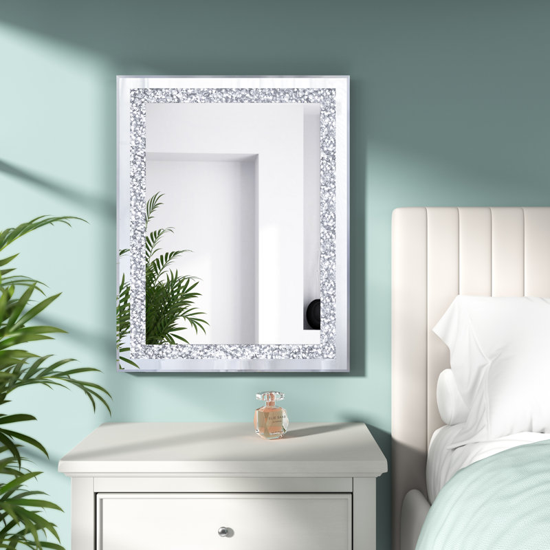 Davaunte Glass Framed Rectangle Wall Mirror Accent Decorative Mirror Crystal Diamond Horizontal and Vertical, 20" x 16"