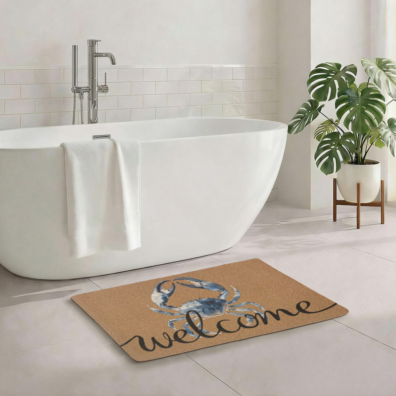 Tapis de bain bleu crabe Welcome, 20 po x 32 po, antidérapant pour la salle de bain et le vestibule, tapis décoratif Coastal Welcome