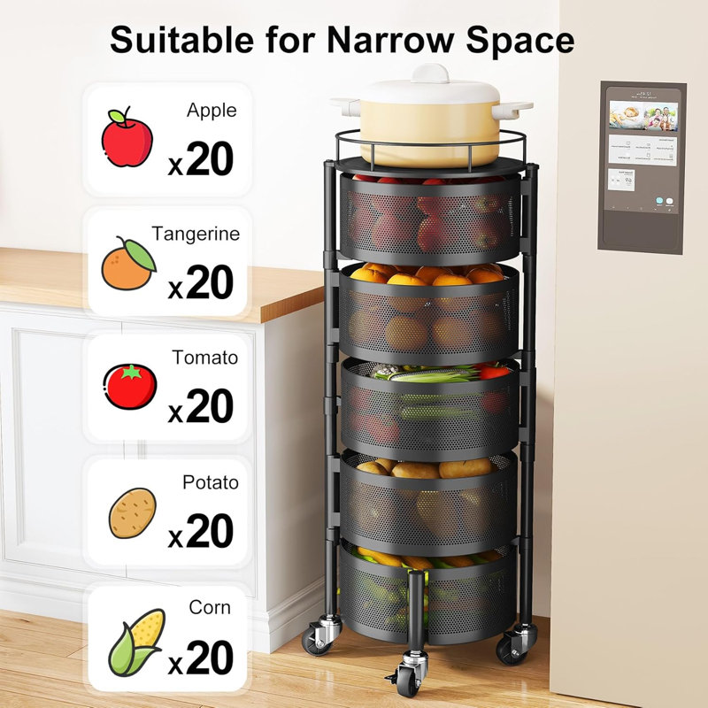 Panier de fruits et légumes de cuisine, support de rangement rotatif, rouleau à cinq couches avec couvercle supérieur