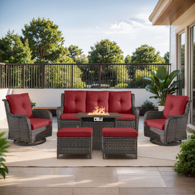 Ensemble de canapé d'extérieur 6 pièces avec 2 chaises pivotantes, 2 repose-pieds et table de foyer d'extérieur 55K BTU Wendye
