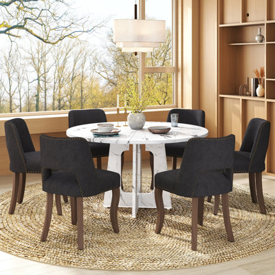 Ensemble de table ronde 47 po avec chaises 4/6 rembourrées, finition chêne / noyer / marbre pour la cuisine de la salle à manger