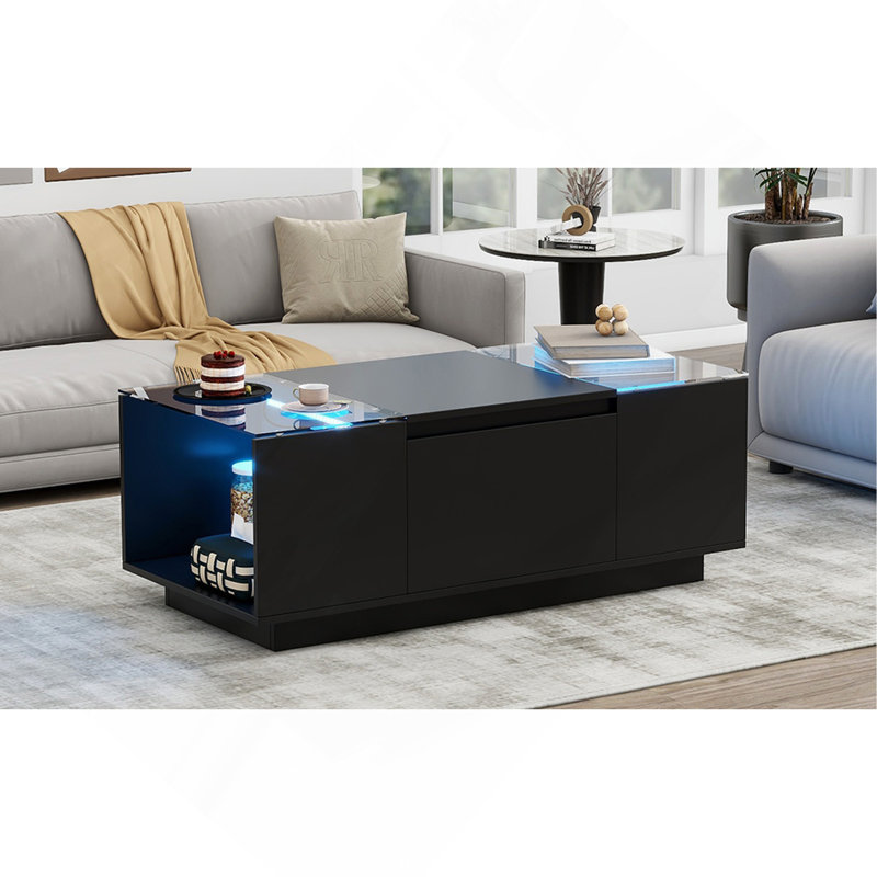 Table basse à DEL, centre de table moderne avec finition ultrabrillante et plateau en verre, table basse avec compartiment de rangement ouvert et 2 tiroirs cachés pour le salon