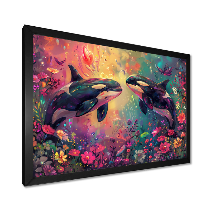 Black Orca Swimming Paradise Dream II - Whale Animal Wall Decor, 12'' H x 20'' W, Black Single Picture Framed