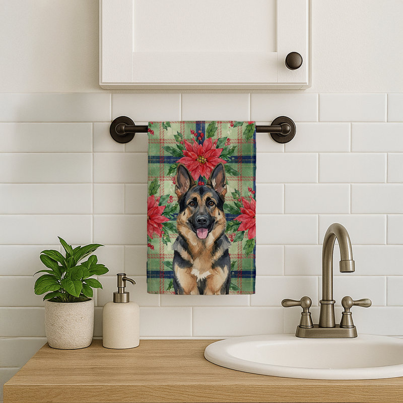 German Shepherd Christmas PoinsettIas Kitchen Towel, Black/Tan German Shepherd 2