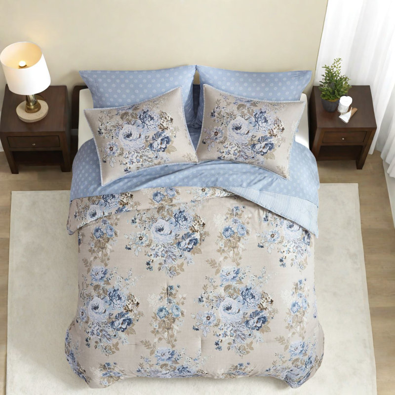 Elegant 7-piece Bedding Sets, Polyester Comforter With Floral Design, Beige And Blue, Queen Size