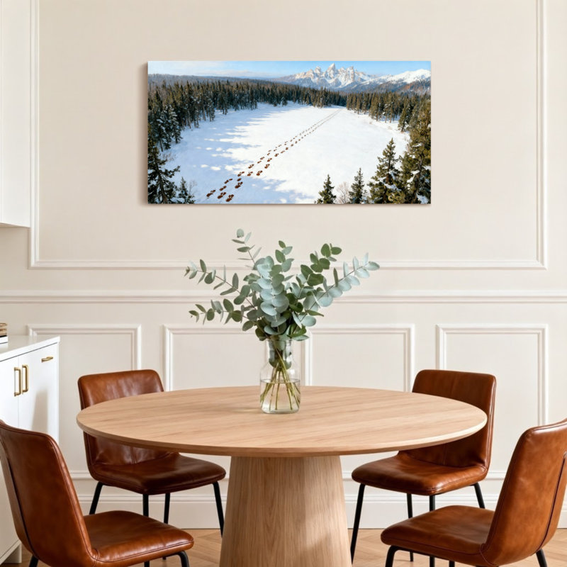 Paysage et nature Vallée enneigée avec des traces de cerfs et des montagnes, H 16 po x l 32 po