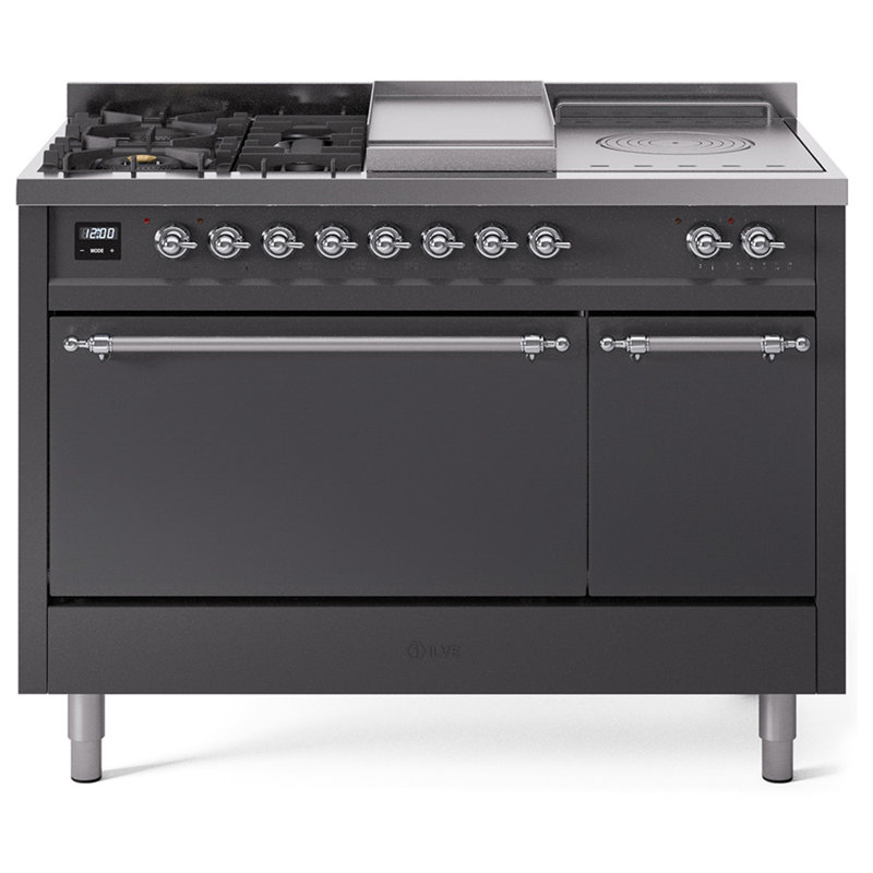 ILVE Nostalgie II 48 in Dual Fuel Range, 5 Burner, Griddle, Frenchtop, Graphite Matte/Chrome, Natural Gas